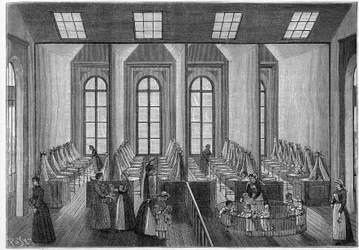 Les creches: plantskola och plantskola i Guise (Aisne, 02). Invändig utsikt över huvudrummet. Gravyr i "" Nature: granskning av vetenskaperna och deras tillämpningar på konst och industri "" av 20 februari 1892.