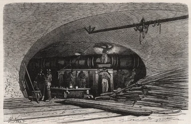 Paris avloppsledningar: böjning av röret nära Saint Michel-bron (Saint-Michel), place du Chatelet - Gravyr i "" Le Monde Illustré""
