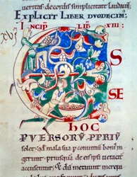 Lettrin C; en vinstock tidigt 1100-tal. Miniatyr av medeltiden. Manuskript "Moralia in Job"" från Citeaux Abbey för Gregoire Pope I