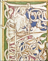 Lettrine P dekoree av representationen av en kvinna som fiskar en fisk. Miniatyr från en bibel (Gamla testamentet) (Ms 3088) Coimbra från 1100-talet, Universitetsbiblioteket