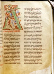 Lettrine: bokstaven "A" som representerar Adams skapelse (bibeln om och. Harding). Miniatyr av manuskriptet "" Treats sur la Trinite de Saint Augustine "" från klostret Citeaux