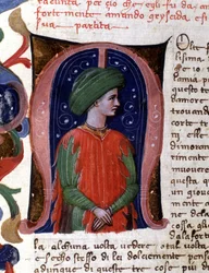 Lettrine "" m" och miniatyr föreställande sofisten, Philostrate. Manuskript av Boccacio (Boccace)