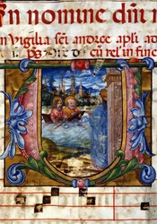 Initial ur en korbok från 1400-talet. Kristus visar sig efter sin uppståndelse för de tvivlande apostlarna vid Gennesarets sjö. Biblioteca Nazionale Braidense, Milano.