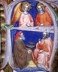 Lettrine som representerar änglar och filosofer som diskuterar - i De civitate dei de St Augustine. 1300-talsmanuskript. Kommunal Bibl. av Rimini.