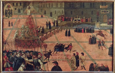 L""avrättning av Jerome Savonarole, Florens 1498 - Girolamo Savonarolas avrättning på Piazza della Signoria i Florens 1498 - Anonym. Olja på trä