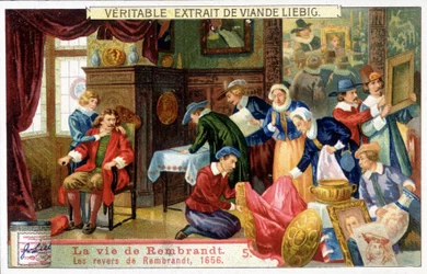 Liebig-kromolitografi om Rembrandts liv (1606 - 1669), holländsk målare. Detta är Rembrandts motgångar 1656.
