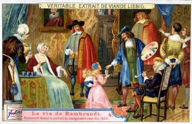 Liebig-kromolitografi om Rembrandts liv (1606 - 1669), holländsk målare, här porträtterande borgmästare Jean Six 1654.