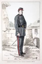 Löjtnant av fredsväktare av Versailles bataljon (1871-1873). Etsning i färger, för illustration "History of the Corps of Peacekeepers""" bok utgiven under beskydd av Louis Lepine (1846-1933), prefekt för polisen på Seine, av A