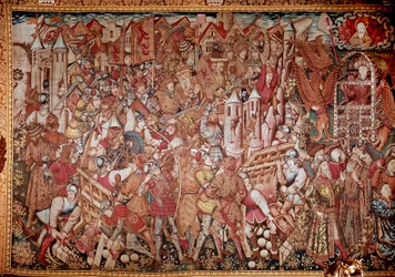 Alexander den stores (356-323 f.Kr.), kung av Makedoniens liv och bedrifter. 1400-tals gobeläng. Rom, Galleria Doria Pamphili
