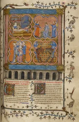 Julius Caesars liv: fyra miniatyrer som visar hans födelse, skilsmässa, pontifikat och slagsmål med Pompejus; text med dekorerade initialer och bård med fåglar och grotesker.