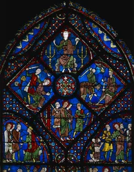 St James the Greaters liv, övre delen av fönstret, målat glasfönster (1100-talet), Chartres Cathedral (Unescos världsarvslista