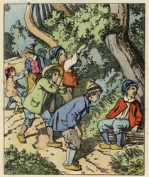 Lille Poucet och hans bröder förlorade i skogen som övergavs av sina föräldrar. Illustration av berättelsen "" Le Pepetit Poucet"" av Charles Perrault