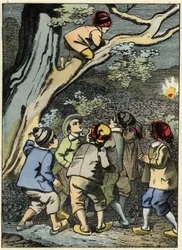 Little Poucet klättrar på ett träd och letar efter sin väg. Han plockar upp ett ljus i skogen. Illustration av Charles Perraults berättelse "" Le Pepetit Poucet"