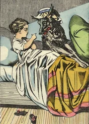 Rödluvan frågar vargen: ”Mormor, varför har du så stora tänder?” Illustration till sagan ”Rödluvan” av Charles Perrault