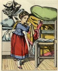 Rödluvan hemma hos sin mormor. Illustration av berättelsen "Rödluvan" av Charles Perrault