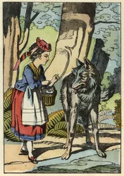 Rödluvan möter vargen i skogen. Illustration av berättelsen "Rödluvan" av Charles Perrault