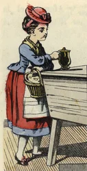 Rödluvan lägger mat åt sin mormor på huchen. Illustration av berättelsen "Rödluvan" av Charles Perrault