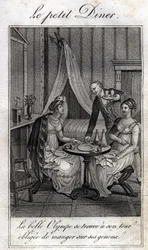 Liten middag. Olympe de Gouges (1748-1793), fransk kvinna av bokstäver och revolutionär med Celine en av hennes vänner.