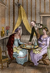 Liten middag. Olympe de Gouges (1748-1793), fransk kvinna av bokstäver och revolutionär med Celine en av hennes vänner. i "" Conseils a ma fille "" av Jean Nicolas Bouilly (1763-1842). 1820. Privat samling.