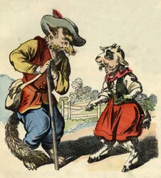 Litet barn pratar med Master Fox. Illustration av berättelsen "Bon medor och lilla Chevrette". I "" Sagor från hemmet för de minsta"". Anonym gravyr från 1800-talet.
