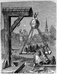 Lastning av upphängda magdeburgska halvklot. Gravyr från "Ottonis de Guericke: Experimenta Nova Magdeburgica de vacuo spatio" av Otto von Guericke (Otto de Guericke