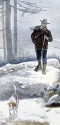 Ensam jägare med hund i ett snöigt landskap, sent 1800-tal