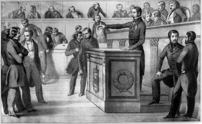Louis-Napoleon (Napoleon III) svär republiken trohet den 20 december 1848 - Louis Napoleon III:s (Louis-Napoleons) ed, sedan han officiellt utropats till republikens president, inför nationalförsamlingen den 20 december 1848. Han lovar "att förbli f"