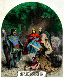 Ludvig IX (Saint Louis 1214-1270) ger rättvisa under en ek, gravyr från 1800-talet