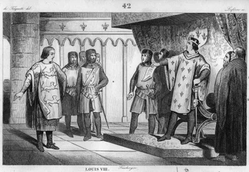 Ludvig VIII (1187-1226) Lejonet tar emot ett sändebud från sin fiende Henrik III (1207-72) av England - Ludvig VIII dit "" Le Lion" (1187-1226), kapeternas dynasti, svarar med stolthet och ömhet till ett sändebud för kungen av England Henry III - Gravyr av