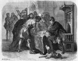 Ludvig XI, kung av Frankrike, får veta om Karl Temeraires död den 7 januari 1477. Gravyr från 1800-talet.