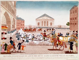 Ludvig XVIII anländer till Notre Dame, Paris, 3 maj 1814 (gravyr)