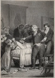 Ludvig XVIII vid hertigen av Berrys dödsbädd - De sista ögonblicken av hertigen av Berry den 13 februari 1820 (1778 - 1820) på Parisoperan omgiven av Ludvig XVIII och kungafamiljen - gravyr i "Histoire de France berätta för min barnbarn”
