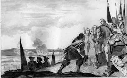 Ludvig XV (1710-74) i slaget vid Fontenoi 1745 - Österrikes tronföljdskriget (1740-1748) - Maurice av Sachsen, marechal av Sachsen (1696-1750), segrande i slaget vid Fontenoy, möter kungen av Frankrike , Ludvig XV (1710-1774) - Gravyr från 1825 i "Hej