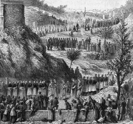 Lourdes 1864: processionen till grottan för invigningen av statyn av Mary Immaculee.