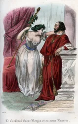 Lucrezia Borgia (1480-1519) med sin bror Cesare Borgia. (Lucrezia och Cesare Borgia). Gravyr från 1842 i ”Histoire des popes: crimes, murders, poisonings, parricides, adulteres, incest...” av Maurice Lachâtre. Privat samling.