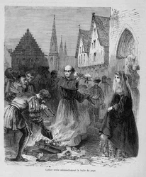 Luther bränner högtidligt påvens bubbla - i "Histoire des popes"" av Maurice Lachatre, sd. 1800-talet