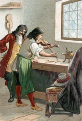 Luthier Stradivarius (Antonio Stradivari) (1644-1737) i sin verkstad. Kromolitografi av 1800-talet