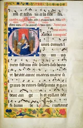MS.McC.57. f.48r St Anne tronande, läsande, Jungfru Maria med barnet sittande framför sig, initial från en antifon, sent 1400-tal