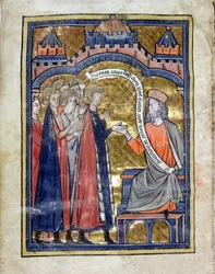 FRÖKEN. Marlay. Add.1.f2b De Re Militari, Vegetius tar emot den unge prins Edward (1239-1307) och hans följeslagare, c.1270 (vellum)