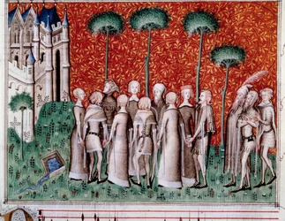 Machaut hittar sin dam. Miniatyr från ett partitur i "Remede de Fortune"" (Folio 51) av Guillaume de Machaut (v. 1300-1377), cirka 1350-1355.