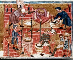 Murare och husbyggare. Miniatyr hämtad ur “Romarnas bedrifter”, 1200-talet. Venedig, Biblioteca Marciana