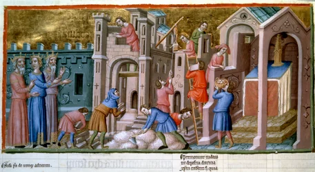 Murare, stenhuggare och arbetare på en byggarbetsplats i en miniatyrstad från 1300-talet, "Canterburypsaltaren", B.N., Paris