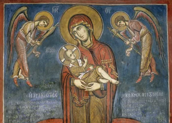 Madonna med barn mellan ärkeänglar, fresk (1192), Panagia Tou Araka-kyrkan (Church of Our Lady of Pea) (Unescos världsarvslista, 2001), Lagoudera, Troodosbergen, Cypern