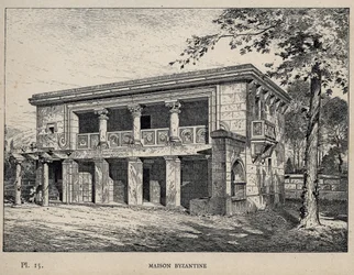 Maison Byzantine (bysantinska huset) (gravyr från 1889 i "History of human habitation at the Universal Exhibition of 1889, by Mr Charles GARNIER - Librairie centrale des beaux-arts Paris 1889