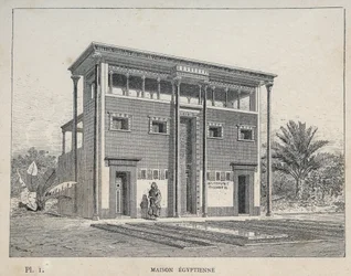 Egyptian House (Egyptian House) - gravyr från 1889 i "History of human habitation at the Universal Exhibition of 1889, by Mr Charles GARNIER - Librairie centrale des beaux-arts Paris 1889
