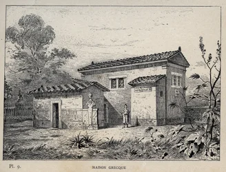 Maison Grecque (grekiskt hus) - gravyr från 1889 i "History of human habitation at the Universal Exhibition of 1889, by Mr Charles GARNIER - Librairie centrale des beaux-arts Paris 1889
