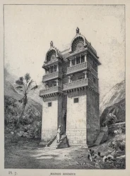 Maison Hindu (hinduiskt hus) - gravyr från 1889 i "History of human habitation at the Universal Exhibition of 1889, by Mr Charles GARNIER - Librairie centrale des beaux-arts Paris 1889