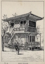 Japanskt hus (japanskt hus) - gravyr från 1889 i "History of human habitation at the Universal Exhibition of 1889, by Mr Charles GARNIER - Librairie centrale des beaux-arts Paris 1889