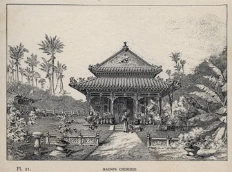 Kinesiskt hus - (kinesiskt hus) - gravyr från 1889 i "History of human habitation at the Universal Exhibition of 1889, by Mr Charles GARNIER - Librairie centrale des beaux-arts Paris 1889