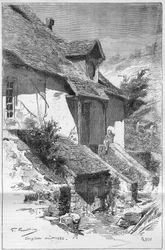 House of George Sand (Aurore Dupin, Baronne Dudevant) (1804-1876), fransk författare, i Gargilesse (Indre) vid floden Creuse i Frankrike. Gravyr i ""The Illustrious World""